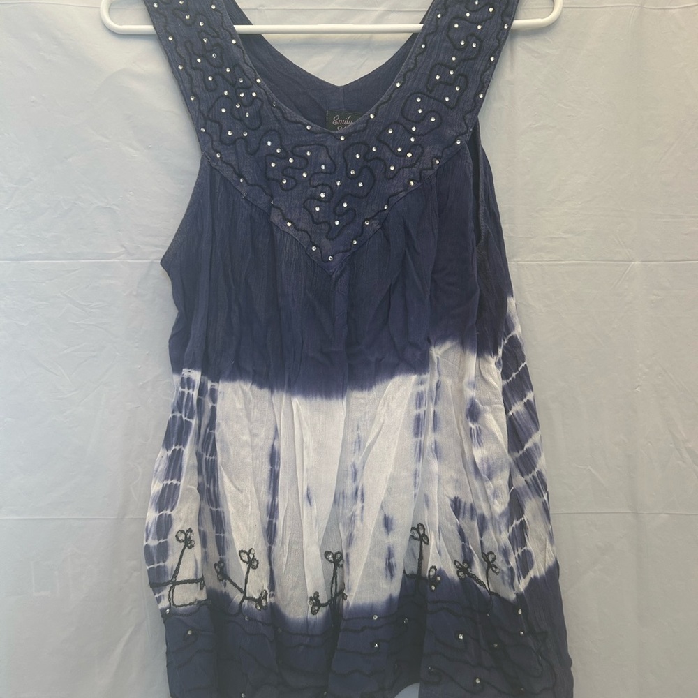 Emily Stacy Navy/White Tye Dye Embellished Sleeveless Blouse Junior’s Sz 2X/3X